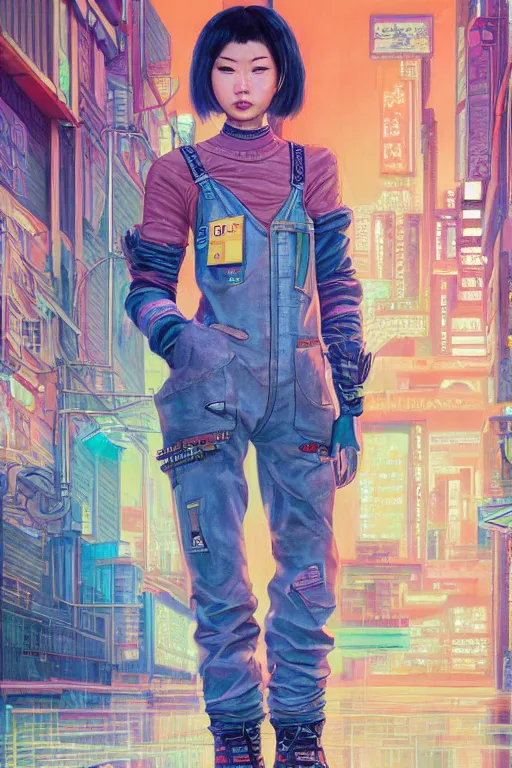 Prompt: a full body illustration of an asian female cyberpunk character wearing dungarees, highly detailed, oil on canvas, soft lighting, neon pastel colors, by Jean Giraud, HD, 4K