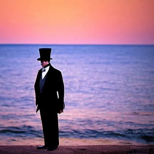 Prompt: the godfather wears a top hat. 5 0 mm, cinematic, technicolor. sea and beach and a man in the background. sunset lighting