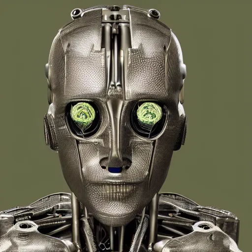 Prompt: very detailed portrait 55mm photo of a mechanical metallic head without skin, optic fiber nerves, gears in his head and cybernetic enhancements with no plating. Packed with cybernetics. Has cameras for eyes. In the forest with bokeh. Ray tracing and tessellation. Very sharp high detailed 8k image