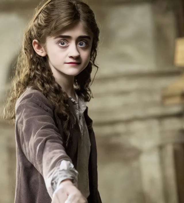 Image similar to beautiful cute young natalia dyer in harry potter, movie still frame, hd, remastered, cinematic lighting