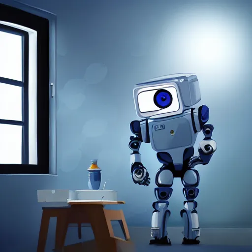 Image similar to Happy Minimalist robot painting a canvas, beautiful lighting, sharp, details, hyper-detailed, pixar, 8K