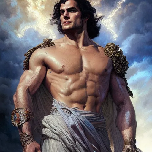 Image similar to portrait of henry cavill as a heavenly god, full body, muscular, fantasy, intricate, elegant, highly detailed, digital painting, artstation, concept art, matte, sharp focus, illustration, art by artgerm and greg rutkowski and alphonse mucha