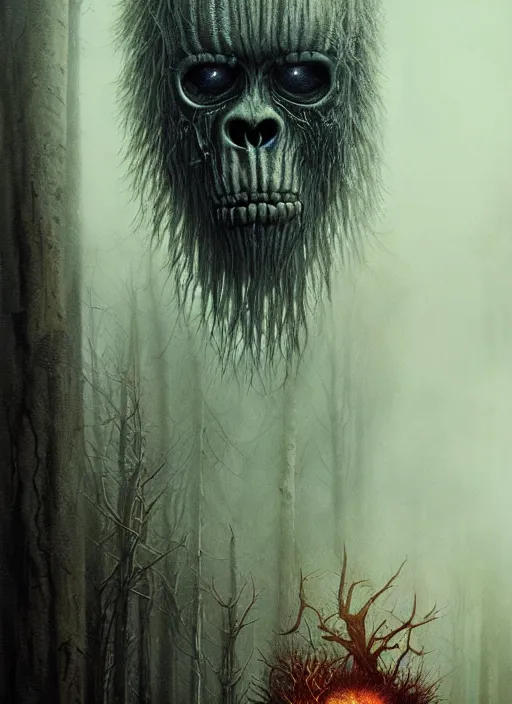 Image similar to sasquatch tarot card, highly detailed, half skull face, cinematic, 8 k, by stanley artgermm, tom bagshaw, greg rutkowski, carne griffiths, ayami kojima, beksinski, giger, trending on deviantart, hyper detailed, horror, full of colour