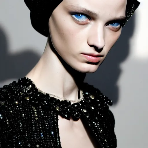 Image similar to A beautiful portrait of Daria Strokous as a model at Chanel fashion show as a model Spring/Summer 2010, highly detailed, in the style of cinematic, Milan fashion week backstage, Extreme close up, Makeup by Pat McGrath, Hair by Guido Palau