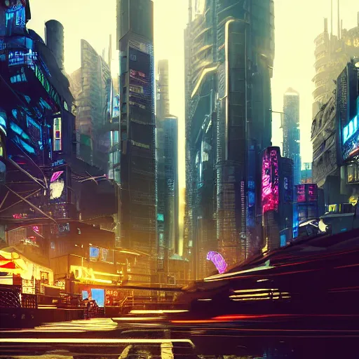 Image similar to cyberpunk cityscape like tokyo newyork street with tall buildings at dusk golden hour cinematic lighting, epic composition. A golden daylight, hyper-realistic environment. Hyper and intricate detail, photo-realistic. Cinematic and volumetric light. Epic concept art. Octane render and Unreal Engine, trending on artstation-H 768