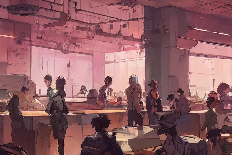 Image similar to a worried person in a crowded busy dystopian cafeteria interior behance hd artstation by jesper ejsing, by rhads, makoto shinkai and lois van baarle, ilya kuvshinov, ossdraws, that looks like it is from borderlands and by feng zhu and loish and laurie greasley, victo ngai, andreas rocha