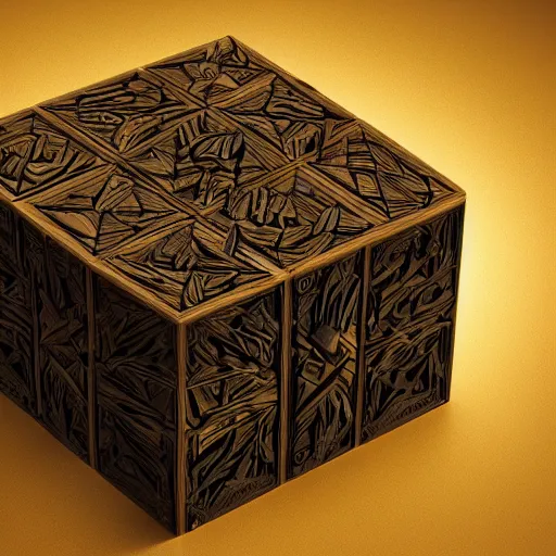 Image similar to rubic's cube made out of carved wood on a dark biome, au naturel, hyper detailed, digital art, trending in artstation, cinematic lighting, studio quality, smooth render, unreal engine 5 rendered, octane rendered, art style by klimt and nixeu and ian sprigger and wlop and krenz cushart