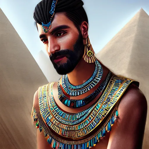 Image similar to a man in egyptian clothing wearing rings and jewlery on his neck, 8k resolution, serene, photorealistic, digital art, hyperdetailed, Unreal Engine, dynamic lighting, ultra detailed, trending on art station, concept art, stunning visuals, extreme detail