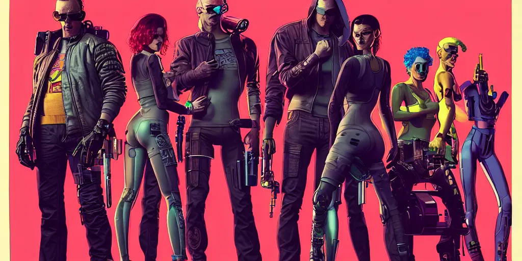 Image similar to cyberpunk heist crew. portrait by stonehouse and mœbius and will eisner and gil elvgren and pixar. character design. realistic proportions. dystopian. cyberpunk 2 0 7 7 character art, blade runner 2 0 4 9 concept art. cel shading. attractive face. thick lines. the team. detailed interesting characters.