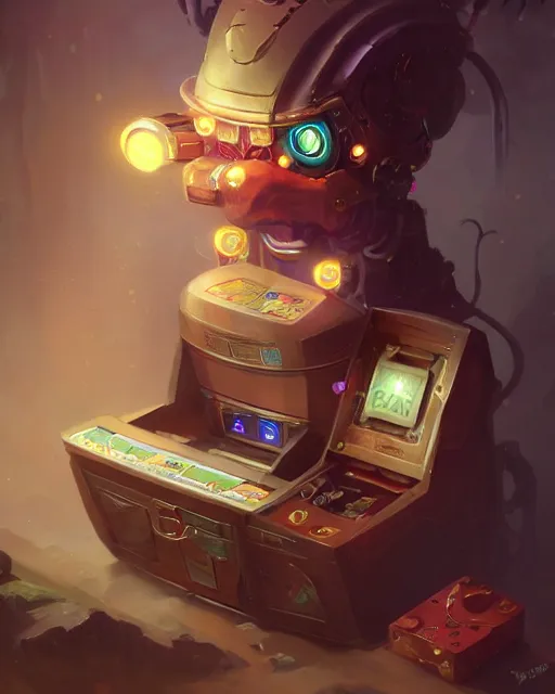 Prompt: robotic slot machine [ thing ], lights, tiny, small, short, dnd character art portrait, matte fantasy painting, deviantart artstation, by jason felix by steve argyle by tyler jacobson by peter mohrbacher, cinema