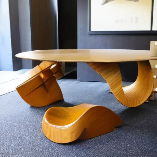 Prompt: futuristic wood table with surreal legs by frank gehry, brutalist style