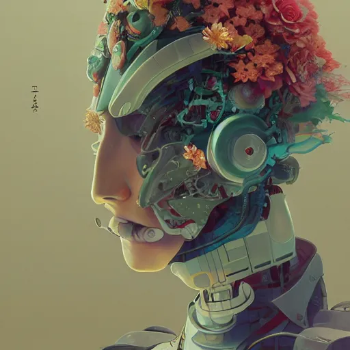 Image similar to surreal gouache painting, by yoshitaka amano, by ruan jia, by conrad roset, by kilian eng, by good smile company, detailed anime 3 d render of a mechanical android head with flowers growing out, portrait, cgsociety, artstation, modular patterned mechanical costume and headpiece, retrowave atmosphere