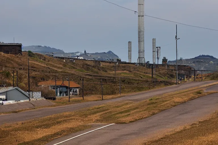 Image similar to a road next to warehouses, and a hill background with a radio tower on top, 3 0 0 mm telephoto lens