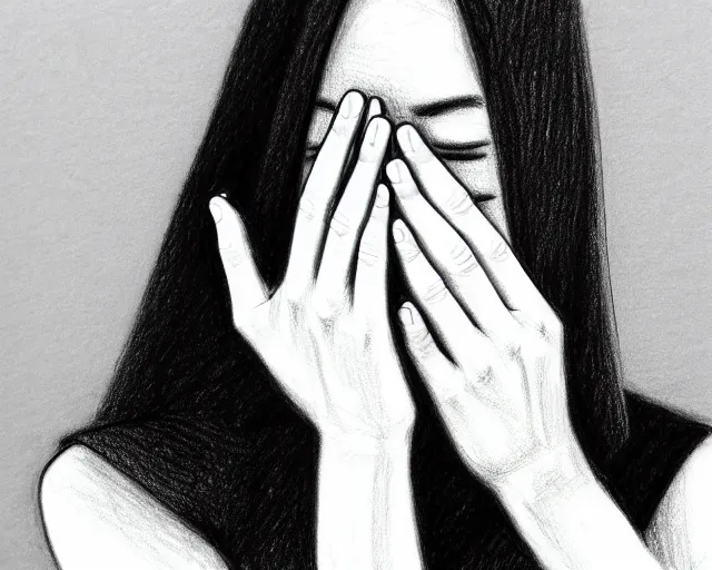 Prompt: a drawing of a woman covering her face with her hands, a sketch by choro choi, trending on artstation, context art, pencil sketch, high detail, kinetic