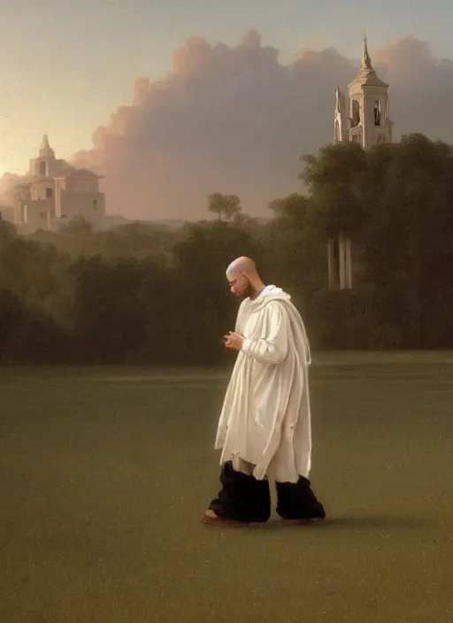 Prompt: oil painting portrait of a tonsured dominican monk in a white and brown habit, striding dancing through a flourishing garden at sunset with a monastery in the background, hazy, digital art, chiaroscuro, artstation, cinematic, golden hour, digital art painting by greg rutkowski, william - adolphe bouguereau, hazy atmosphere, flowers, cinematic lighting