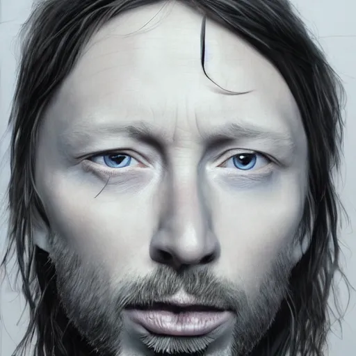 Prompt: Caricature portraits done of a young Thom Yorke, realistic, hyperrealistic, very realistic, highly detailed, very detailed, extremely detailed, detailed, oil painting, digital art, trending on artstation