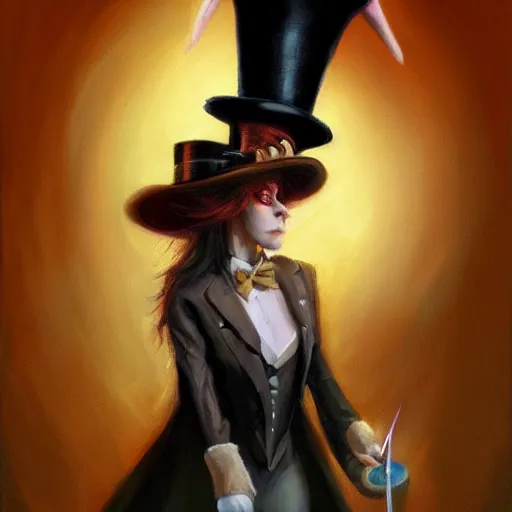 Image similar to oil painting of a rabbit dressed like a female magician with a top hat and a magic wand, urban fantasy art by seb mckinnon, artstation npc character design, top - rated