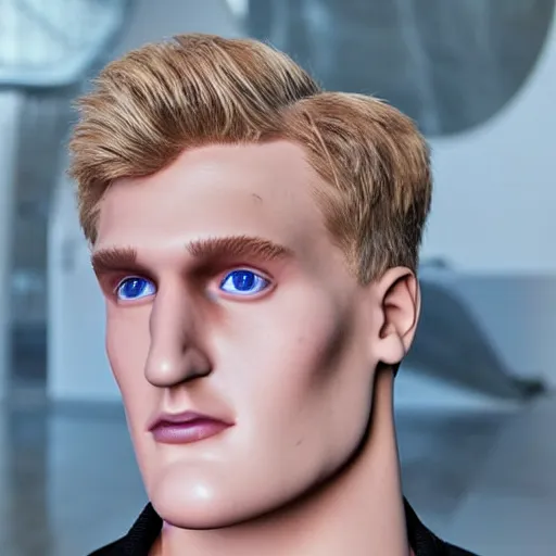 Prompt: a realistic detailed photo of a guy who is an attractive humanoid who is half robot and half humanoid, who is a male android, youtuber jake paul and logan paul, shiny skin, posing like a statue, blank stare, at the museum, on display