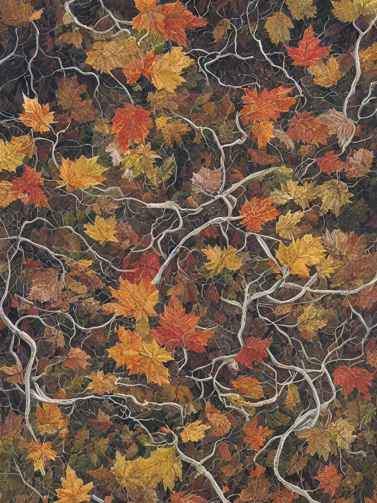 Prompt: a chaotic windy tornado of autumn leaves and'no people'or faces, intricate details, aesthetically pleasing and harmonious natural colors, art by tiffany bozic, impressionism, detailed, dark