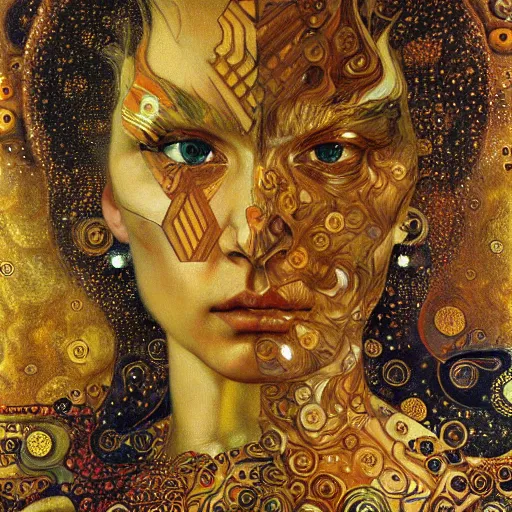 Image similar to Divine Chaos Engine portrait by Karol Bak, Jean Deville, Gustav Klimt, and Vincent Van Gogh, celestial, sacred geometry, visionary, mystic, fractal structures, ornate gilded medieval icon, spirals