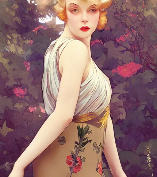 Image similar to Blonde girl in the roaring twenties wearing a dress, full-body shot, digital painting, smooth, elegant, hd, art by WLOP and Artgerm and Greg Rutkowski and Alphonse Mucha