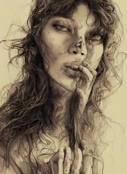 Prompt: portrait, beautiful Stoner hippy girl, sitting down, smoking a magical bong, watercolor, dramatic lighting, cinematic, establishing shot, extremely high detail, foto realistic, cinematic lighting, pen and ink, intricate line drawings, by Yoshitaka Amano, Ruan Jia, Kentaro Miura, Artgerm, post processed, concept art, artstation, matte painting, style by eddie mendoza, raphael lacoste, alex ross