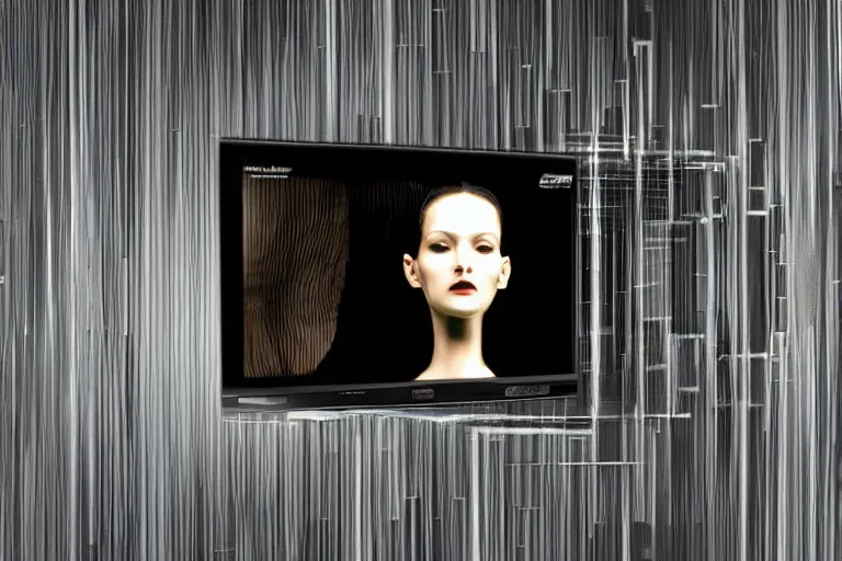 Prompt: matrix interlocking crt televisions through an endless y 2 k cutecore lined tunnel, beautiful figure floating through, low - light photograph, in style of chrome hearts