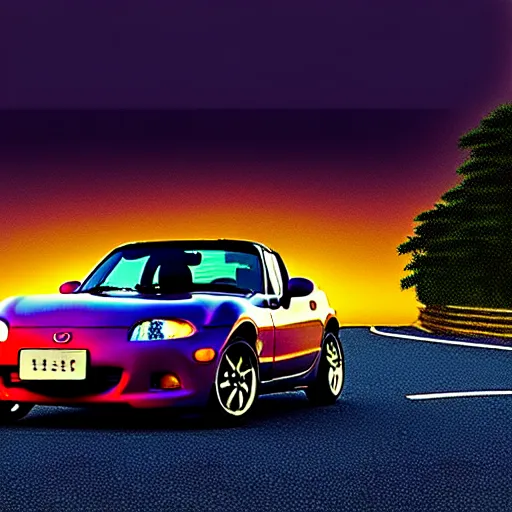 Prompt: a car Mazda Miata in middle of road, gunma prefecture, city sunset night, cinematic color, photorealistic, highly detailed