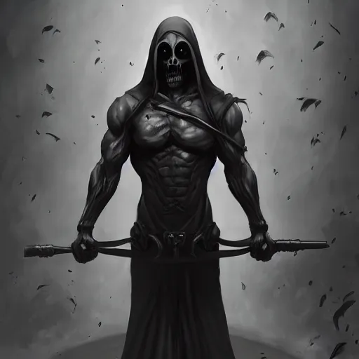 Prompt: Grim Reaper, creepy, muscled, horror, artstation