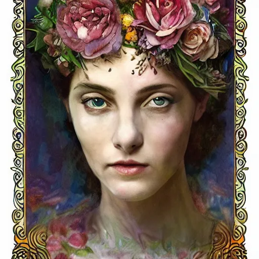 Image similar to flower queen, by annie swynnerton and tino rodriguez and charlie bowater, dramatic lighting, floral tattoos, rich colors, smooth sharp focus, extremely detailed, adolf wolfli