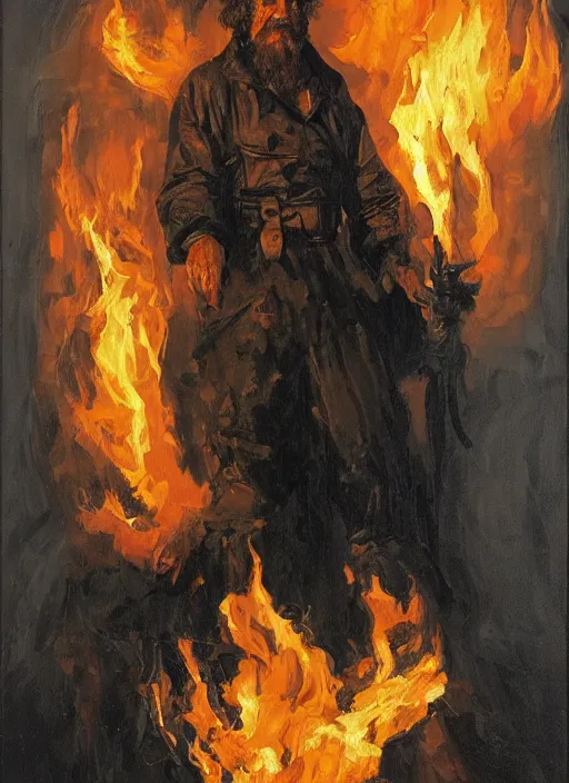 Image similar to portrait of grizzled sailor on sea of black flame, coherent! by brom, deep color, strong line, high contrast