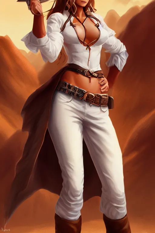 Image similar to full body, female cowgirl, perfect face, white blouse, 8 k, magic the gathering, desert, d & d, artstation, high detail, smooth, muscular