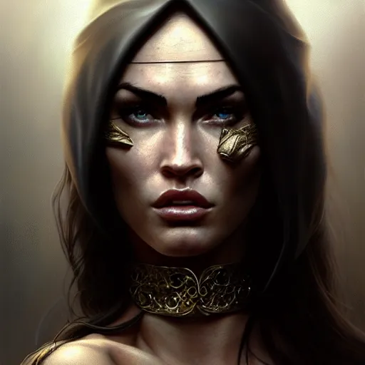Image similar to portrait of megan fox, muscular upper body, slave collar, blindfold, bikini, fantasy, intricate, elegant, highly detailed, digital painting, artstation, concept art, matte, sharp focus, illustration, art by aenaluck and roberto ferri and greg rutkowski, epic fantasy, digital painting