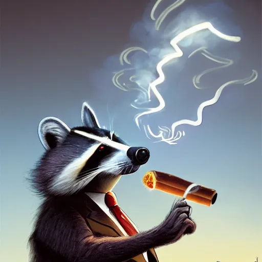 Image similar to a racoon wearing a suit smoking a cigar on his mouth, dramatic lighting, cinematic, establishing shot, extremly high detail, photorealistic, cinematic lighting, artstation, style by James Gurney