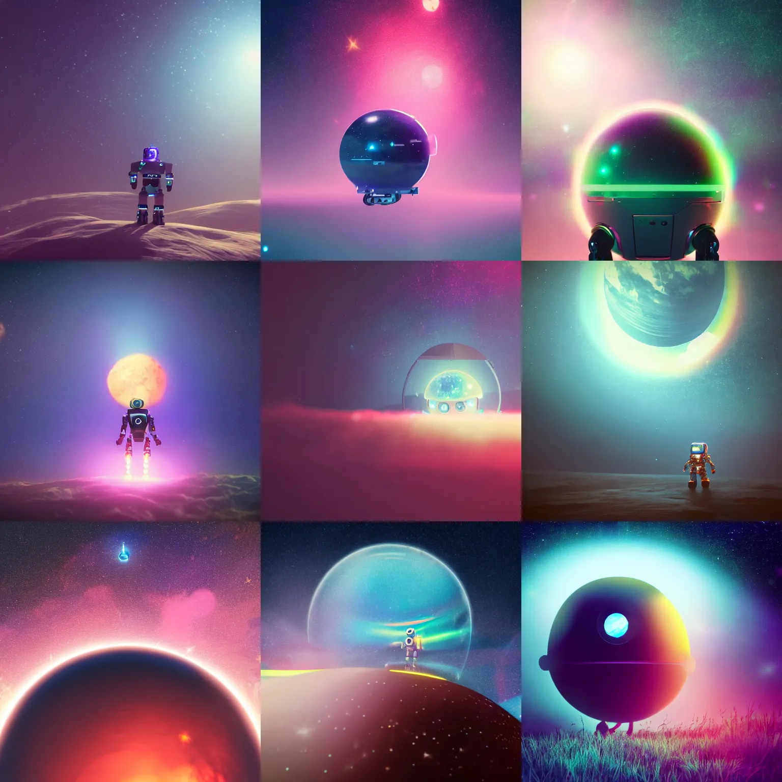 Prompt: high detail photo of a robot floating in space inside magic colorful glowing sparkling fog, circular planet behind it, starry sky, tranquil, desolate, atmospheric, hazy, autochrome, 8k, reflections, octane render, unreal engine 5