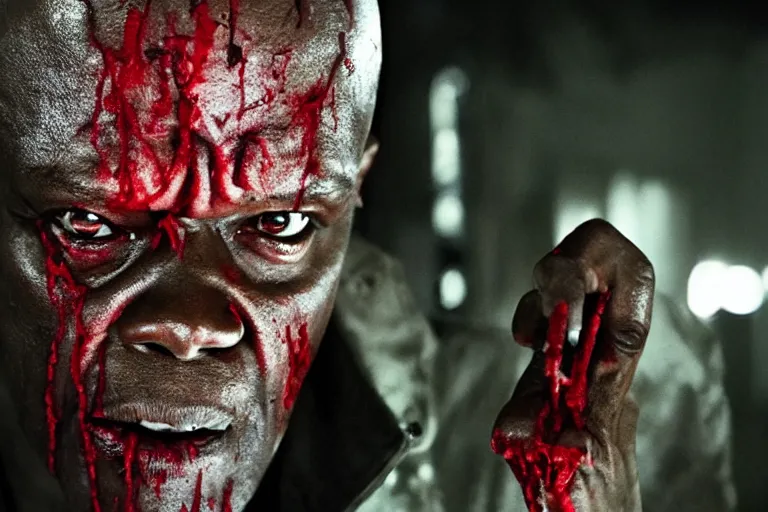 Image similar to samuel l. jackson as a zombie, blood, decay, cinematic lighting, portrait, medium shot, horror movie still