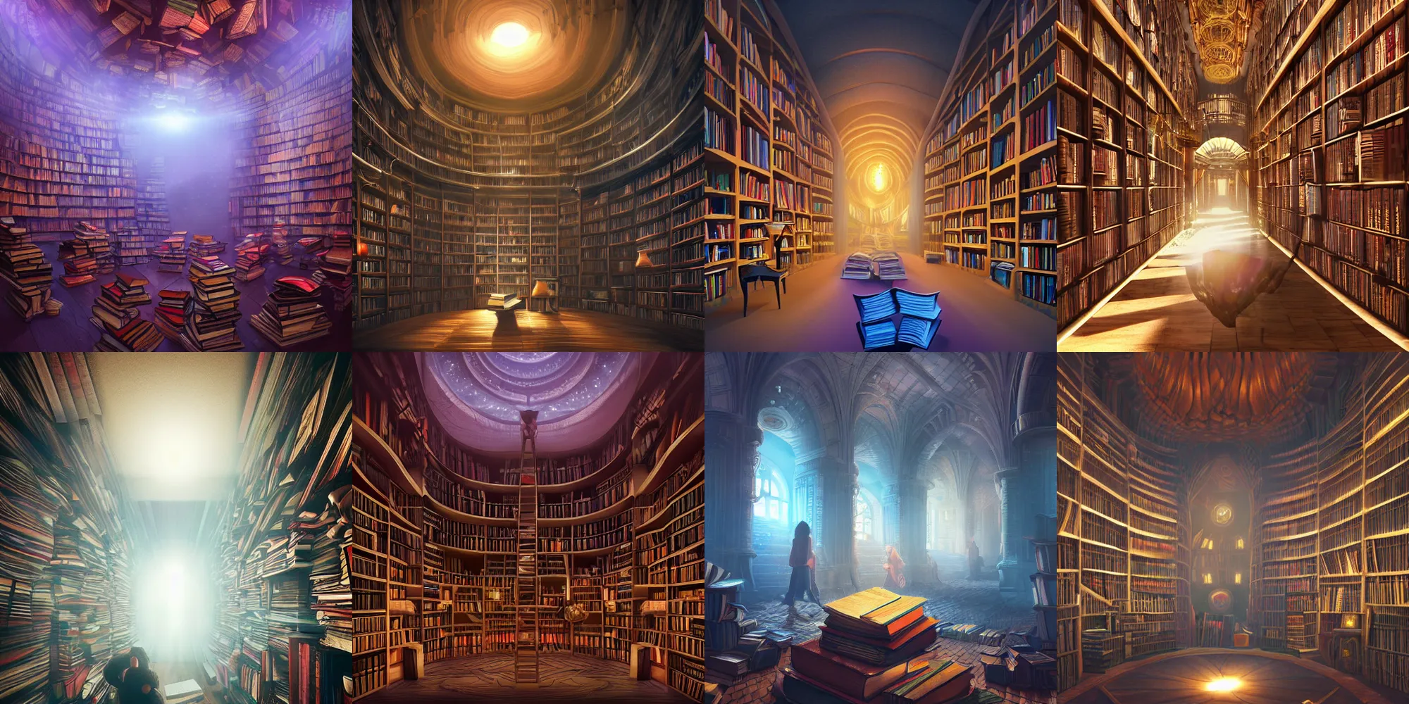 Prompt: myriads of books in a magic library, beautiful digital art, dramatic volumetric lighting, trending on artstation