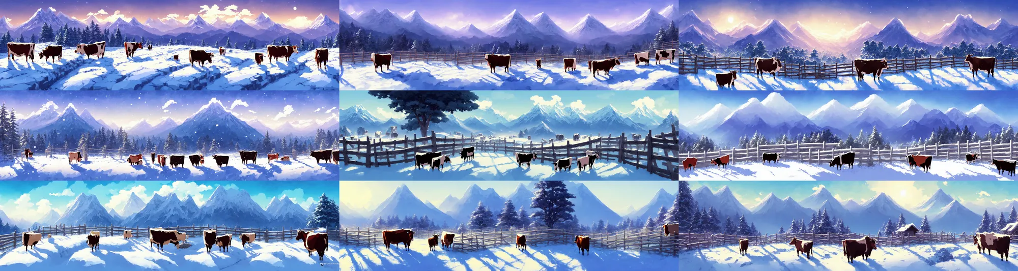 Prompt: a wholesome animation key shot of a winter mountains with wooden fences and cows, studio ghibli, pixar and disney animation, sharp, rendered in gouache painting, anime gouache key art by greg rutkowski, bloom, dramatic, dynamic lighting