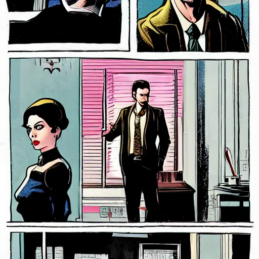 Image similar to in the style of Rafael Albuquerque comic art, Elizabeth from Bioshock Infinite hiring a detective.