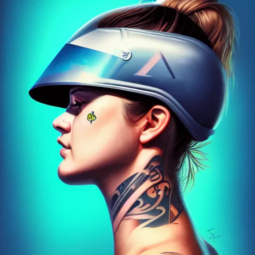 Prompt: profile photo of a girl driver with a helmet and a visor with high detailed tattoos on neck, side profile in underwater, highly detailed, digital painting, artstation, concept art, smooth, sharp focus, illustration by Sandra Chevrier