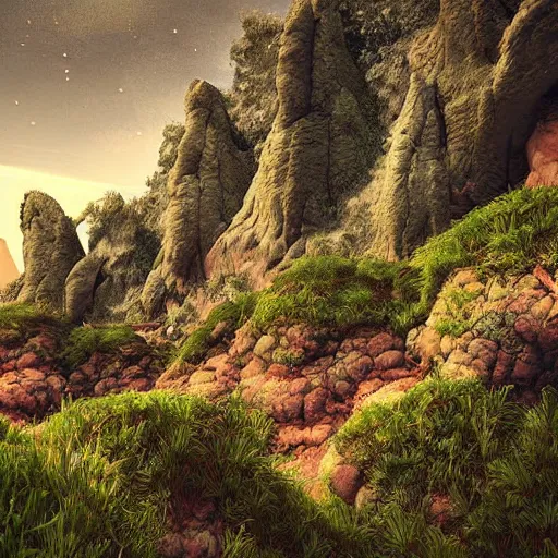 Image similar to digital art of a lush natural scene on an alien planet by lurid ( 2 0 2 2 ). beautiful landscape. weird vegetation. cliffs and water. grainy and rough. interesting colour scheme. soft warm colours. high quality render.