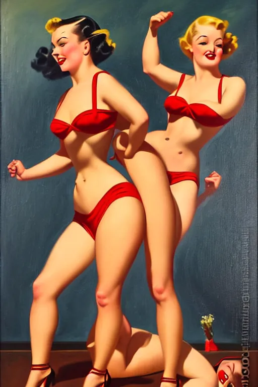 Image similar to 1940s group of pinup bikini girls wrestling, oil painting, by Gil Elvgren