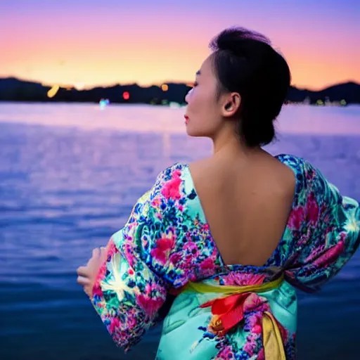 Prompt: a beautiful woman in a kimono watching fireworks