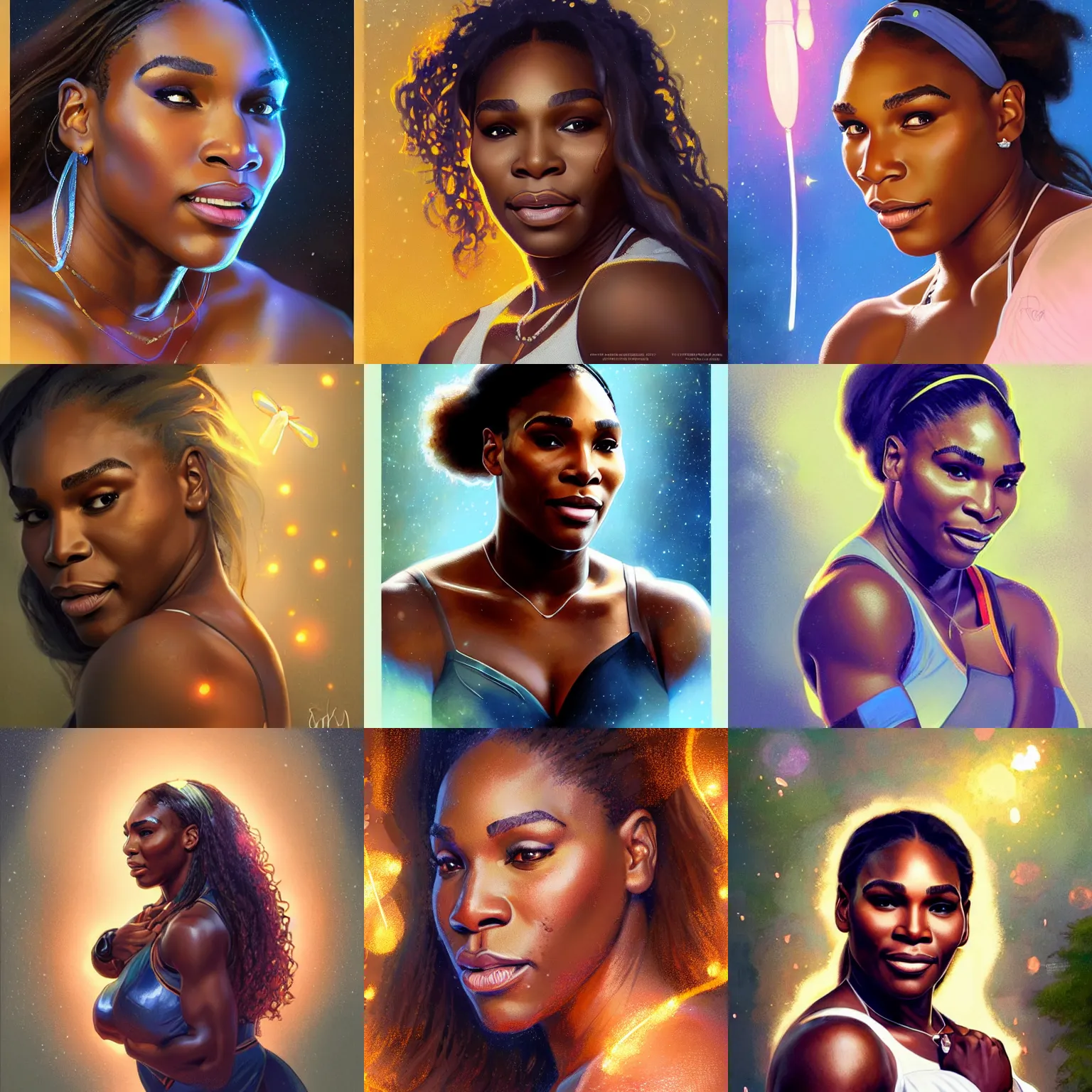 Prompt: portrait of Serena Williams, mystical lighting, fireflies bokeh, highly detailed, digital painting, artstation, concept art, smooth, sharp focus, illustration, art by artgerm and greg rutkowski and alphonse mucha