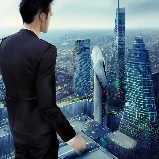 Prompt: masculine man dressed in stylish futuristic clothing, standing on the top of building overseeing the city skyline of a futuristic solarpunk city, hyper - realistic 4 k - hd profile picture photo