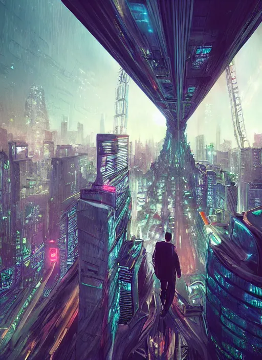 Image similar to a man standing on top of a bridge over a city, cyberpunk art by Vincent Lefevre, behance contest winner, altermodern, cityscape, synthwave, matte painting