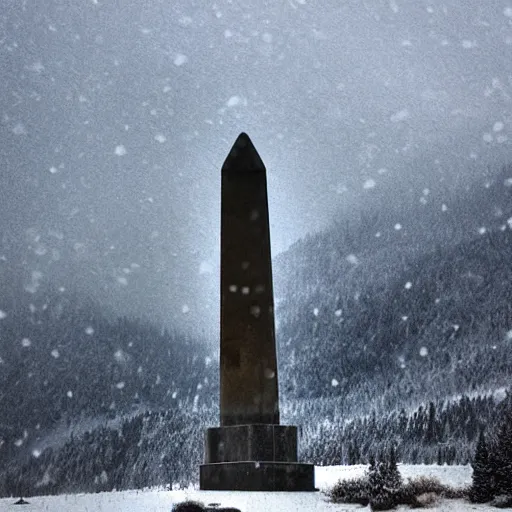 Prompt: a monolithic obelisk temple next to a snowcapped mountain. snowing, overcast sky, grainy.