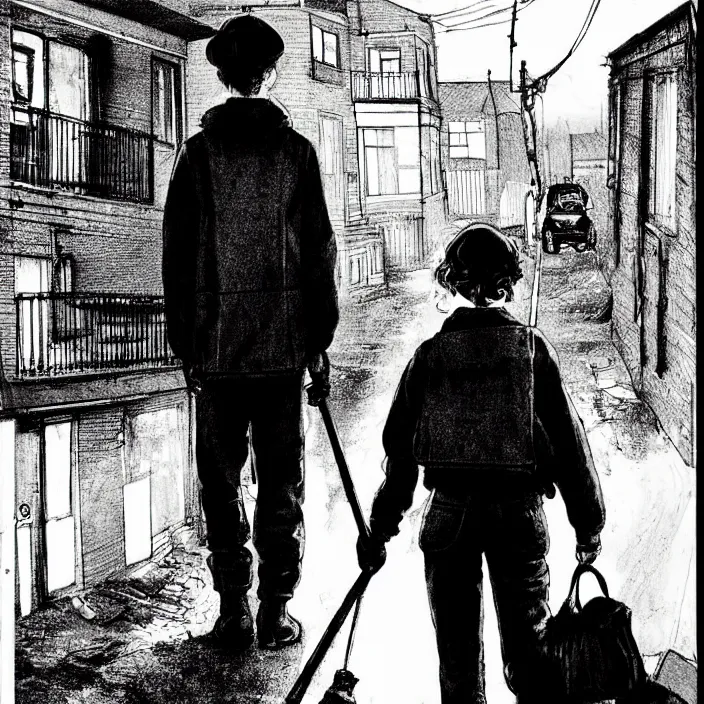 Prompt: sadie sink as a workman : walks. background : working - class terraced houses : dirty, polluted. technique : black and white pencil and ink. by gabriel hardman, joe alves, chris bonura. cinematic atmosphere, detailed and intricate, perfect anatomy