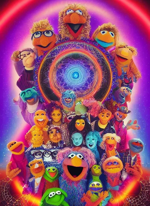 Image similar to muppet transcendence into collaborative intelligence, group intelligence, ai, by alex grey, album cover, award winning, beautiful, colorful, volumetric lighting, trending on artstation