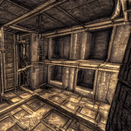 Image similar to a large vault on the 3 rd level of the dark hive of horror. a ruined siege weapon sits in the east side of the room.